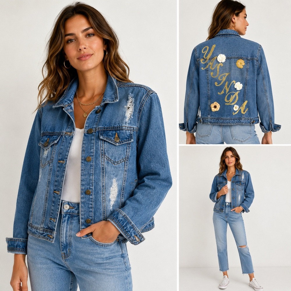 Highway Jeans Womens Blue Distressed Denim Jacket Yasinda Floral Custom Large